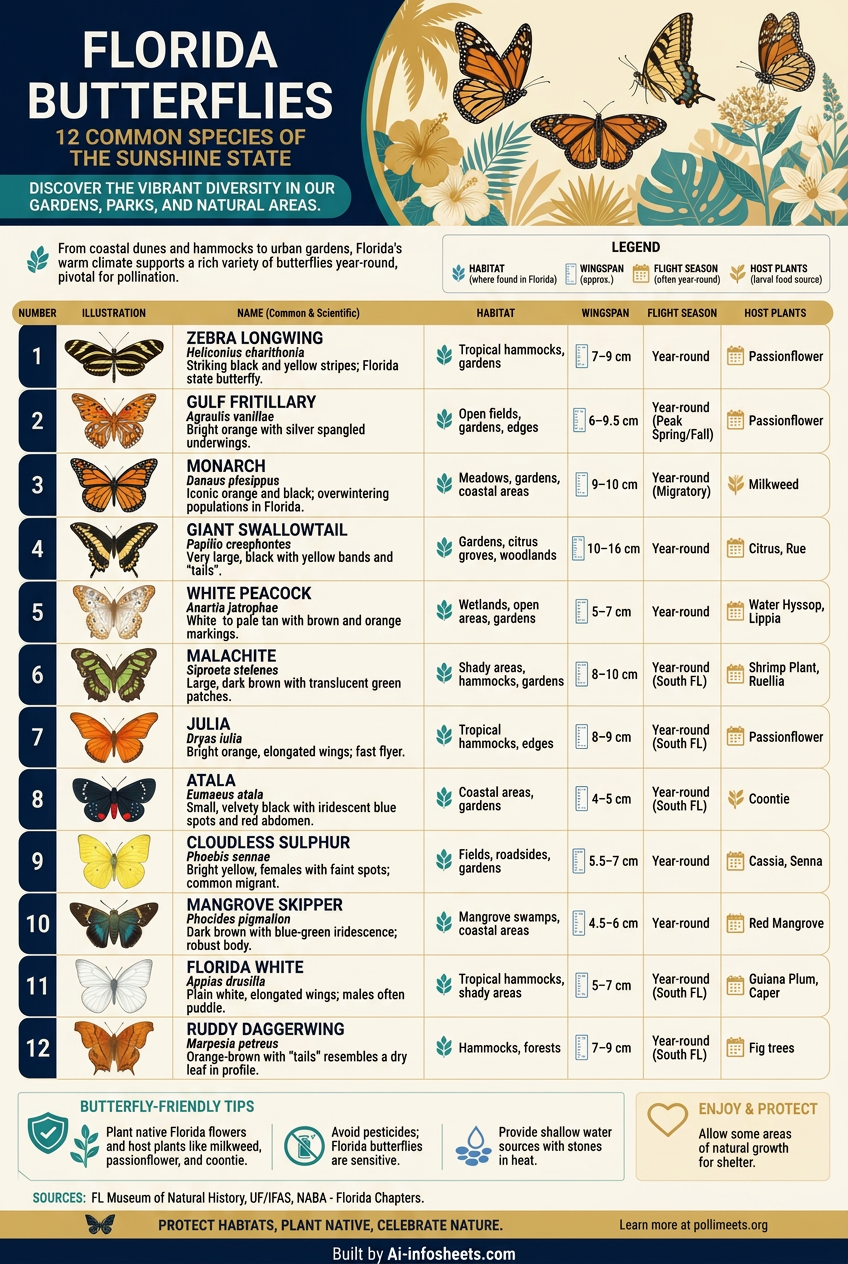 An infographic showing the 12 most common butterfly species in Florida, including the Monarch, Swallowtails, and Gulf Fritillary, with key identifying features highlighted.