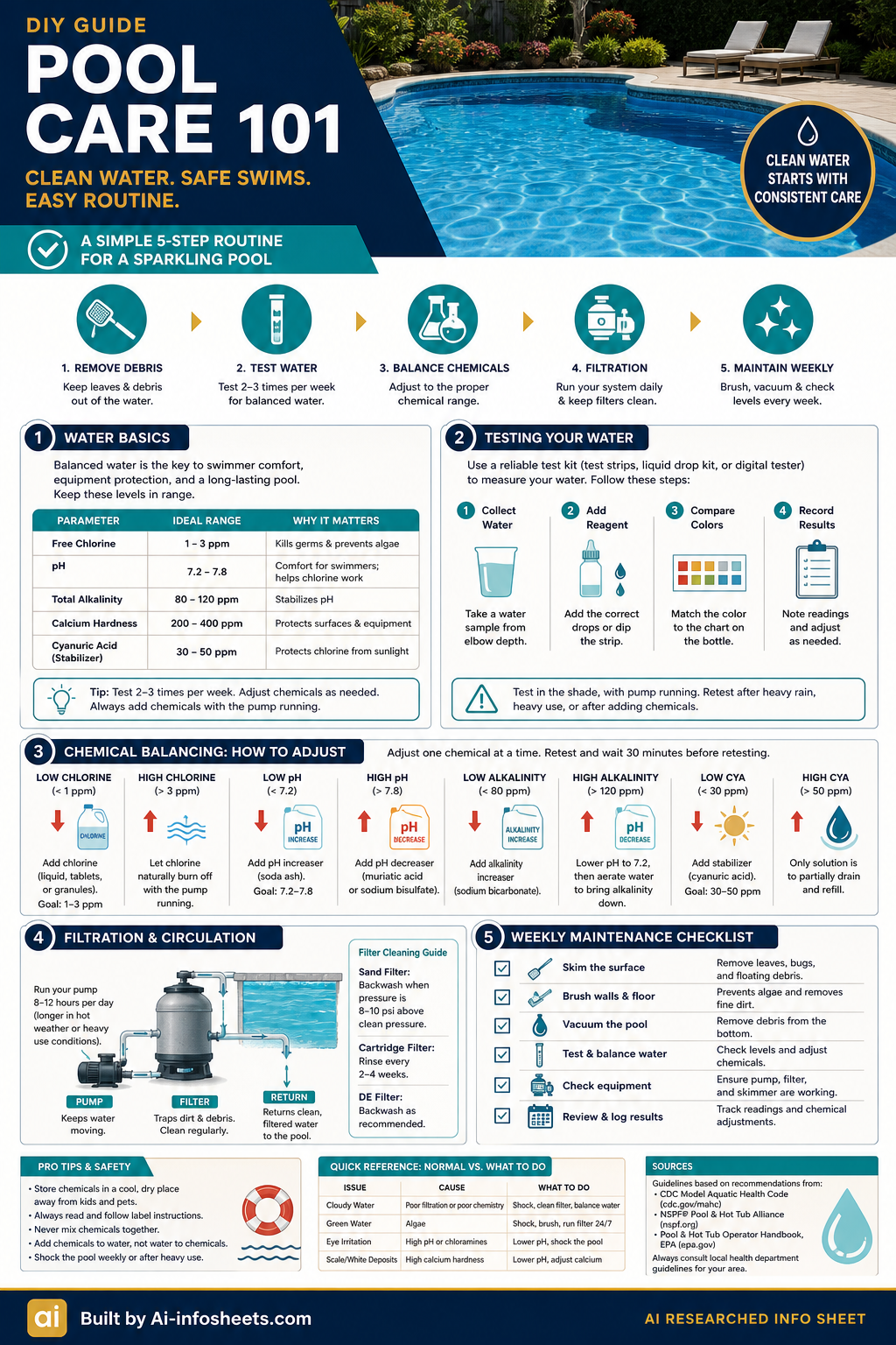An infographic titled 'DIY Pool Care 101' outlining a simple 5-step routine for pool maintenance including removing debris, testing water, balancing chemicals, filtration, and weekly maintenance, with details on water basics and chemical adjustments.