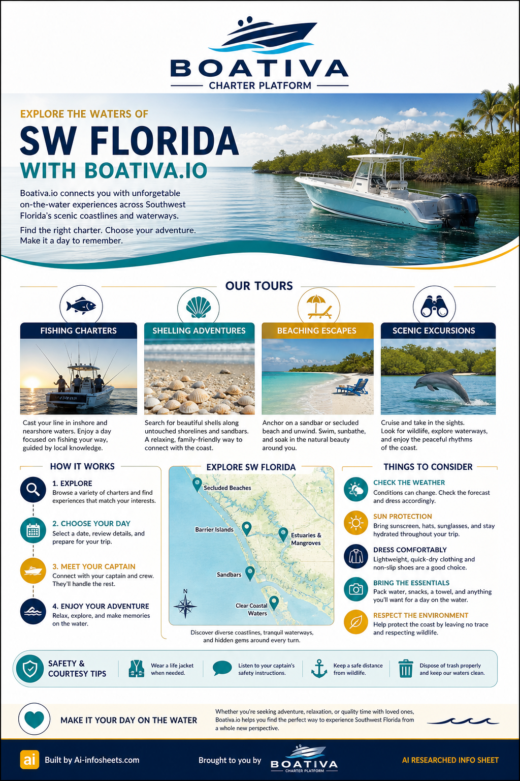 An infographic detailing Boativa.io's water tours and experiences in Southwest Florida, including fishing, shelling, beaching, and scenic excursions, alongside information on how it works, what to consider, and safety tips.