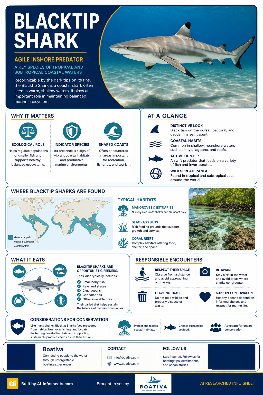 An infographic detailing the Blacktip Shark, an agile inshore predator, covering its distinctive features, habitats, diet, and conservation importance.
