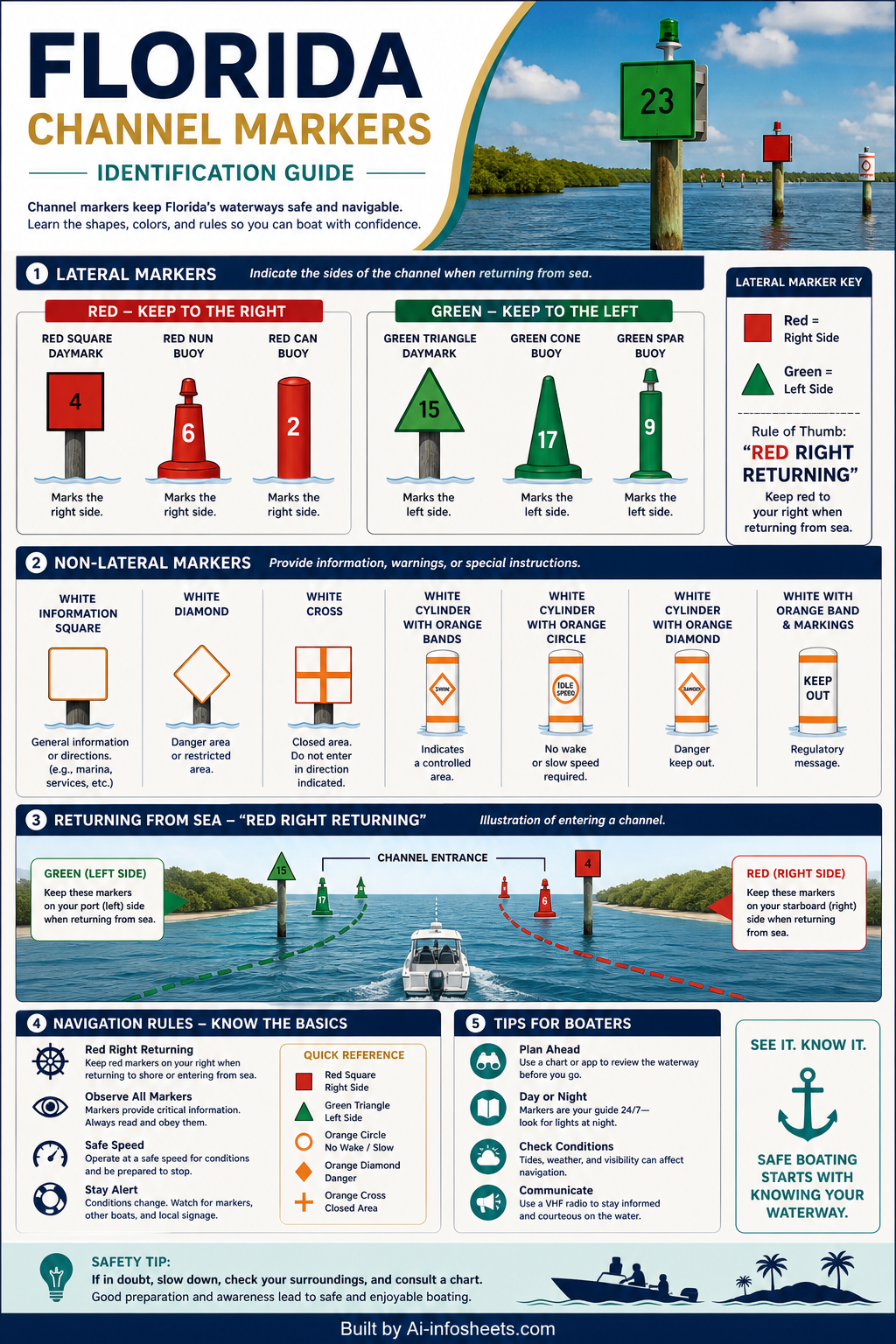 An infographic illustrating various Florida channel markers including red and green lateral buoys, safe water markers, and special markers.