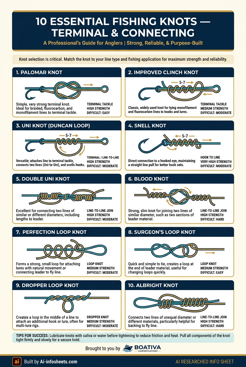 An infographic illustrating the six essential fishing knots: Palomar, Improved Clinch, Uni, Alberto, Surgeon's, and Blood Knot, with clear step-by-step diagrams.