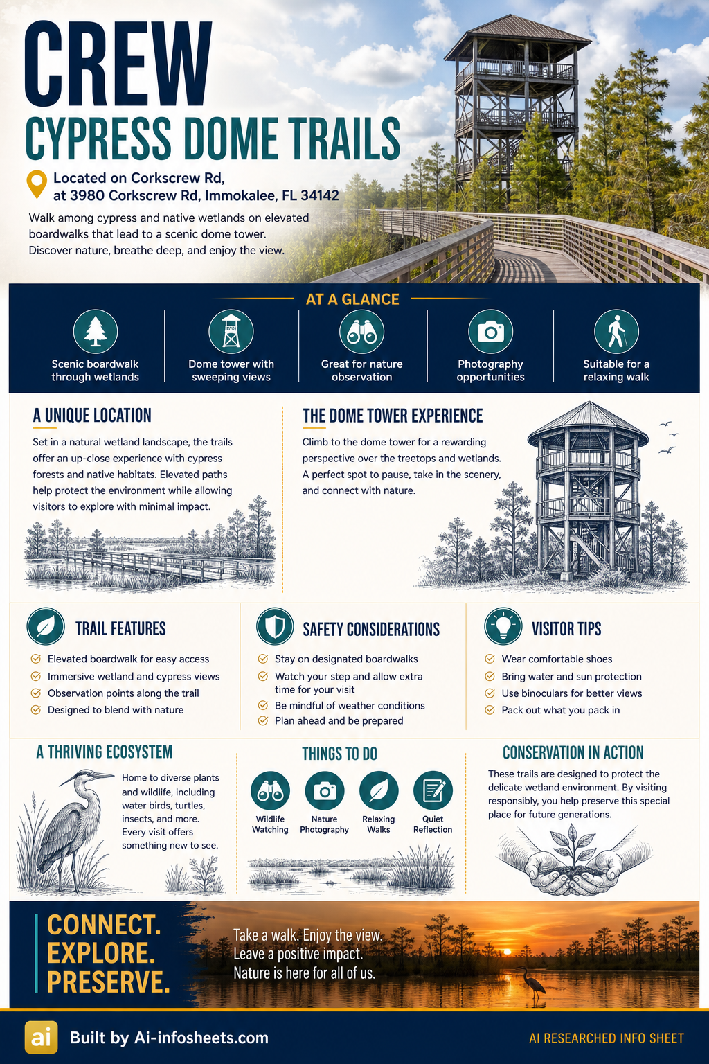 An elevated boardwalk winding through a cypress forest, leading to a tall observation tower at CREW Cypress Dome Trails in Immokalee, Florida.