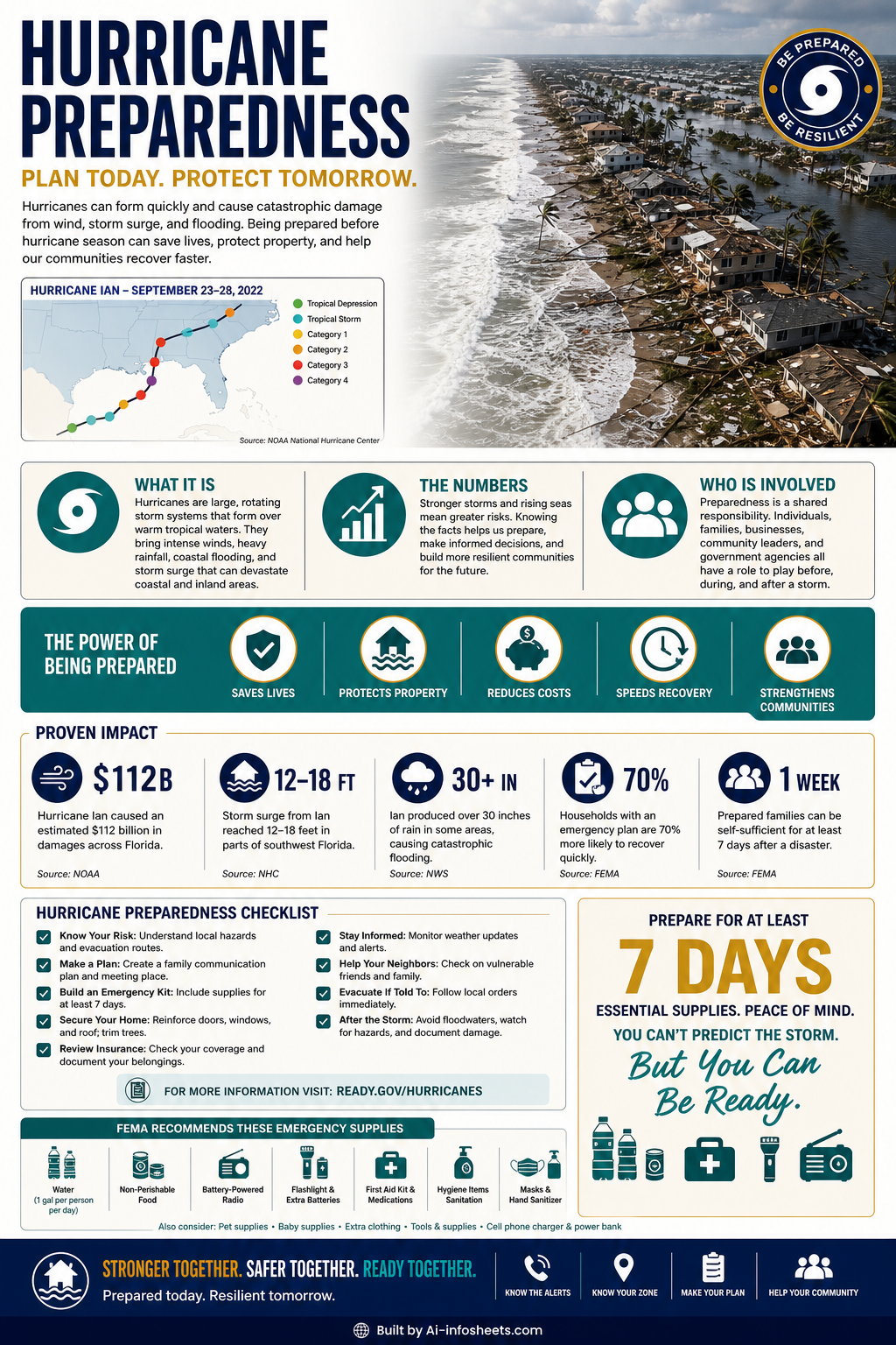 An infographic illustrating six key steps for hurricane preparedness: emergency kit, evacuation route, communication plan, home protection, important documents, and staying informed.