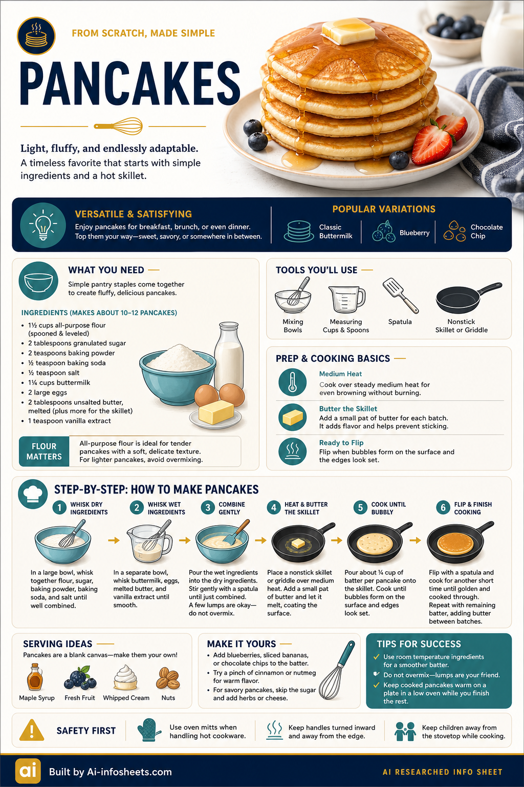 An infographic detailing how to make fluffy pancakes from scratch, including ingredients, tools, cooking basics, a 6-step process, serving ideas, customization tips, success tips, and safety information.
