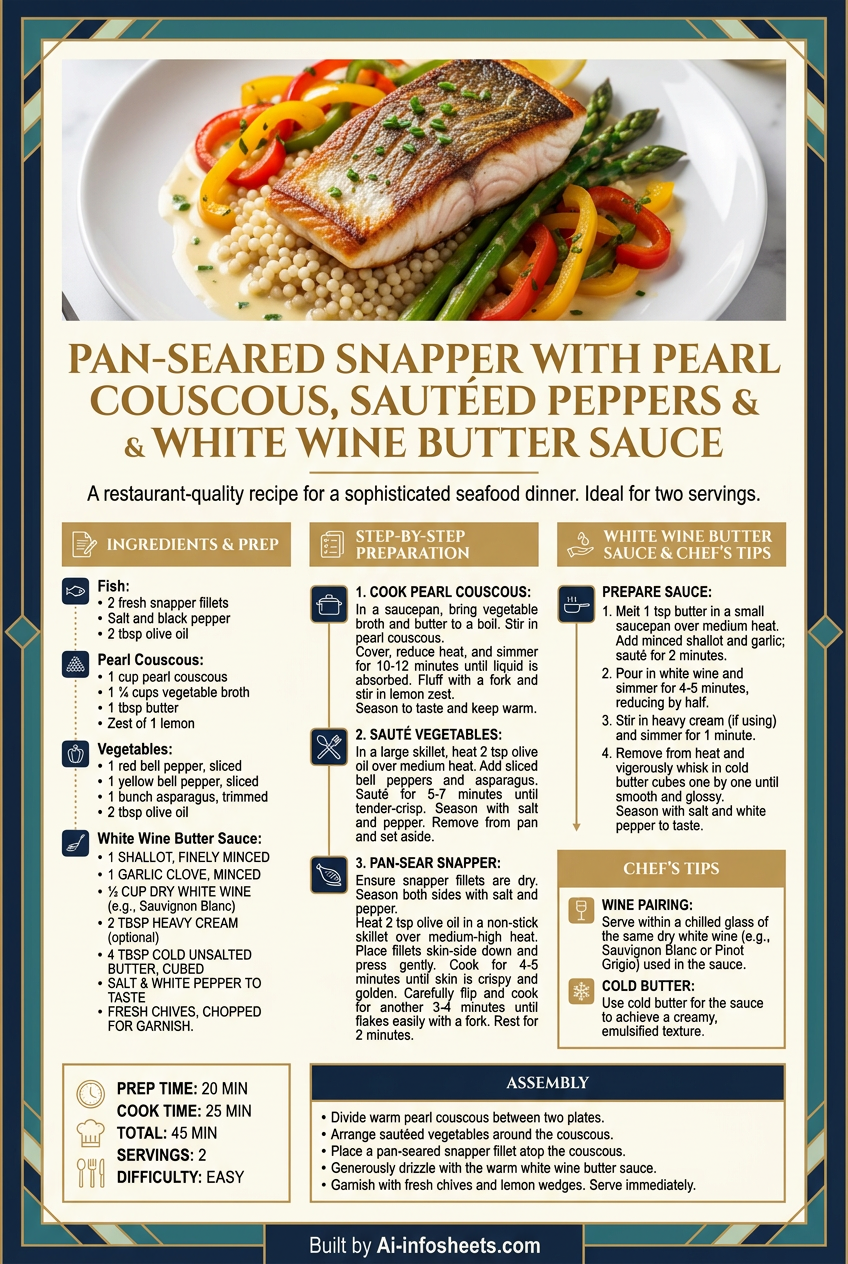 A perfectly plated pan-seared snapper fillet topped with fresh herbs, alongside a colorful bed of pearl couscous with sautéed peppers, and a drizzle of white wine butter sauce.