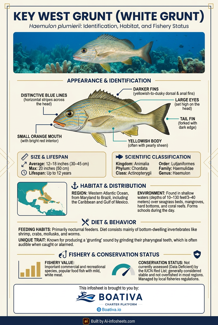 An illustration or photograph of a white grunt fish (Haemulon plumierii) with its distinctive stripes and yellowish fins, swimming near a coral reef in Key West waters.