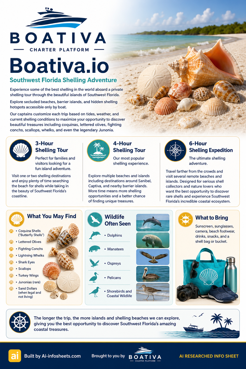Infographic showing three Southwest Florida shelling tour options (3-hour, 4-hour, 6-hour), 9 types of shells to find, 5 types of wildlife often seen, and a list of items to bring for a shelling trip.