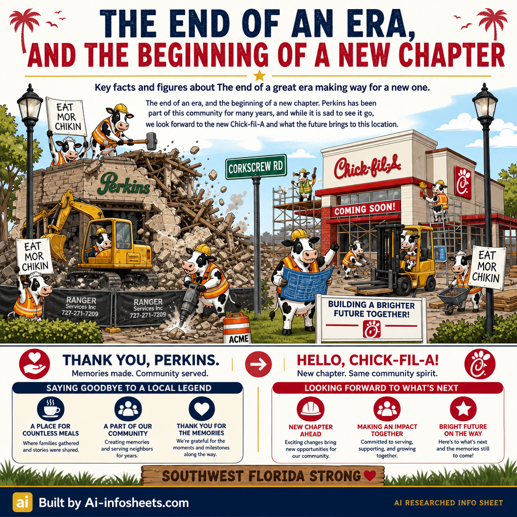An illustration showing the demolition of a Perkins restaurant on the left by construction cows, and the construction of a new Chick-fil-A on the right, also by construction cows, with a 'Corkscrew Rd' sign in the middle.