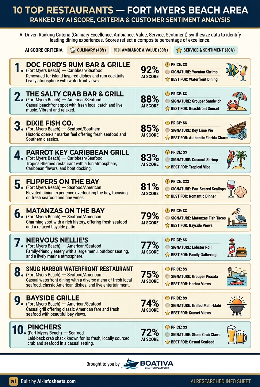 An infographic showing the top 10 restaurants in Fort Myers Beach, ranked by an AI score. Doc Ford's Rum Bar & Grille is #1 with 92%, The Salty Crab Bar & Grill is #2 with 88%, Dixie Fish Co. is #3 with 85%, Parrot Key Caribbean Grill is #4 with 83%, Flippers on the Bay is #5 with 81%, Matanzas on the Bay is #6 with 79%, Nervous Nellie's is #7 with 77%, Snug Harbor Waterfront Restaurant is #8 with 75%, Bayside Grille is #9 with 74%, and Pinchers is #10 with 72%.
