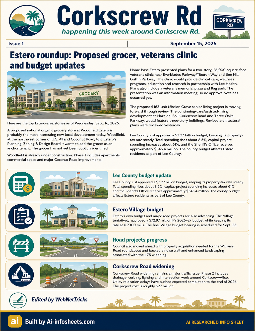 Infographic showing four key developments and budget updates along Corkscrew Road and in Estero, including a grocery store, a veterans clinic, road projects, and budget details.