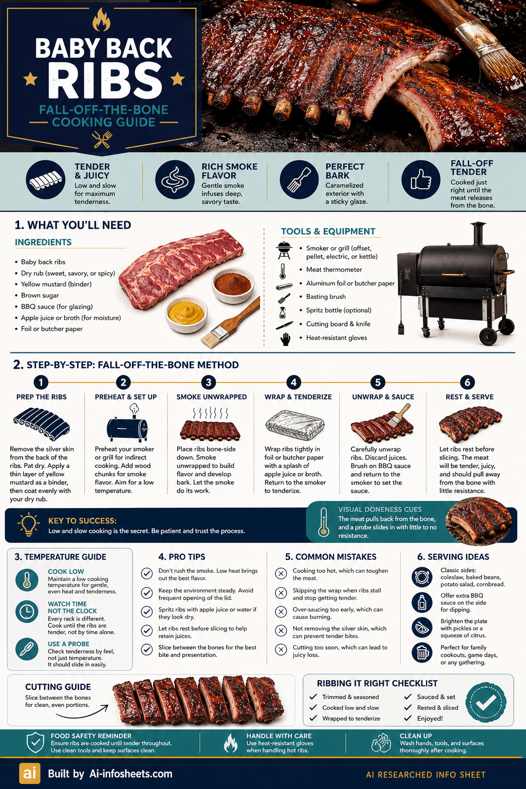 An infographic detailing a 6-step method for cooking fall-off-the-bone baby back ribs, including ingredients, tools, temperature guide, pro tips, common mistakes, and serving ideas.