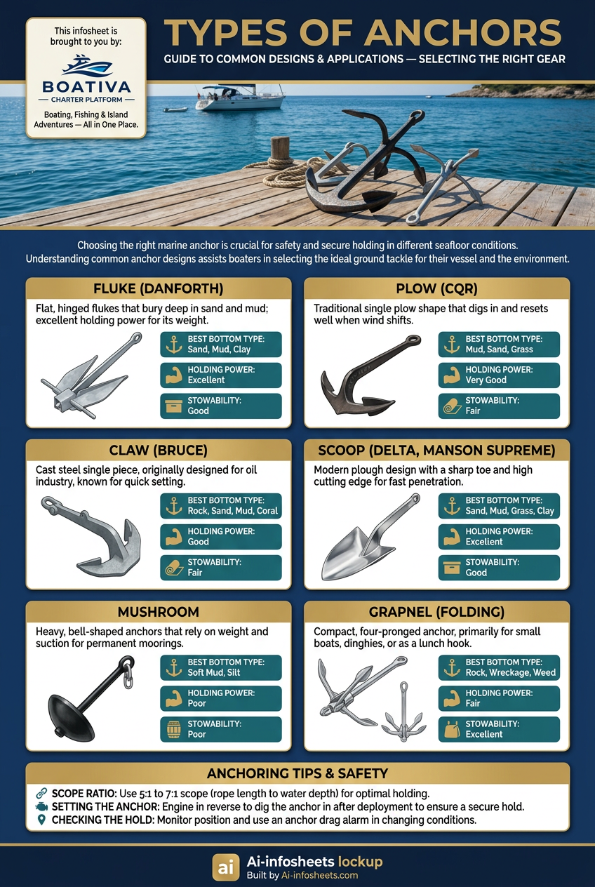 An infographic displaying five common types of boat anchors: Fluke, Plow, Claw, Grapnel, and Mushroom, with their typical applications.