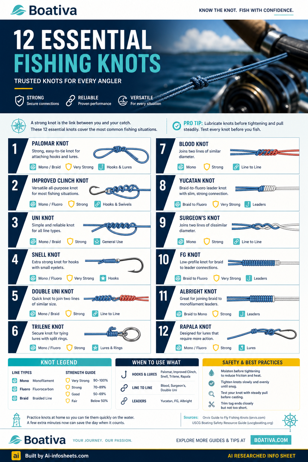 An infographic illustrating the step-by-step tying of the six essential fishing knots: Palomar, Uni, Improved Clinch, Surgeon's, Blood, and Arbor knots, with text descriptions of their uses.