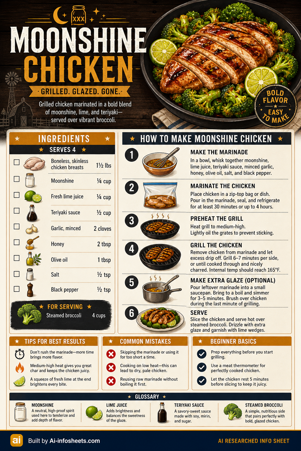 An infographic detailing a Moonshine Chicken recipe, showing ingredients like boneless, skinless chicken breasts, moonshine, lime, teriyaki sauce, garlic, honey, olive oil, salt, and black pepper. It also illustrates a six-step cooking process, tips for best results, common mistakes, beginner basics, and a glossary of terms. The finished dish shows sliced grilled chicken drizzled with glaze, served over steamed broccoli and garnished with lime wedges.