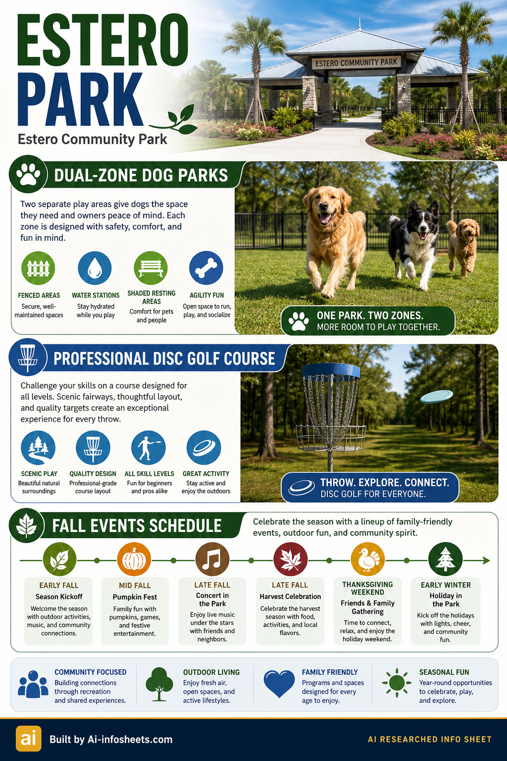 An infographic overview of Estero Community Park, detailing its 55-acre grounds, outdoor activities like basketball, pickleball, sand volleyball, bocce, and horseshoes, along with indoor recreation center amenities including fitness equipment, group classes, and basketball courts. It also lists operational hours, contacts, and address.