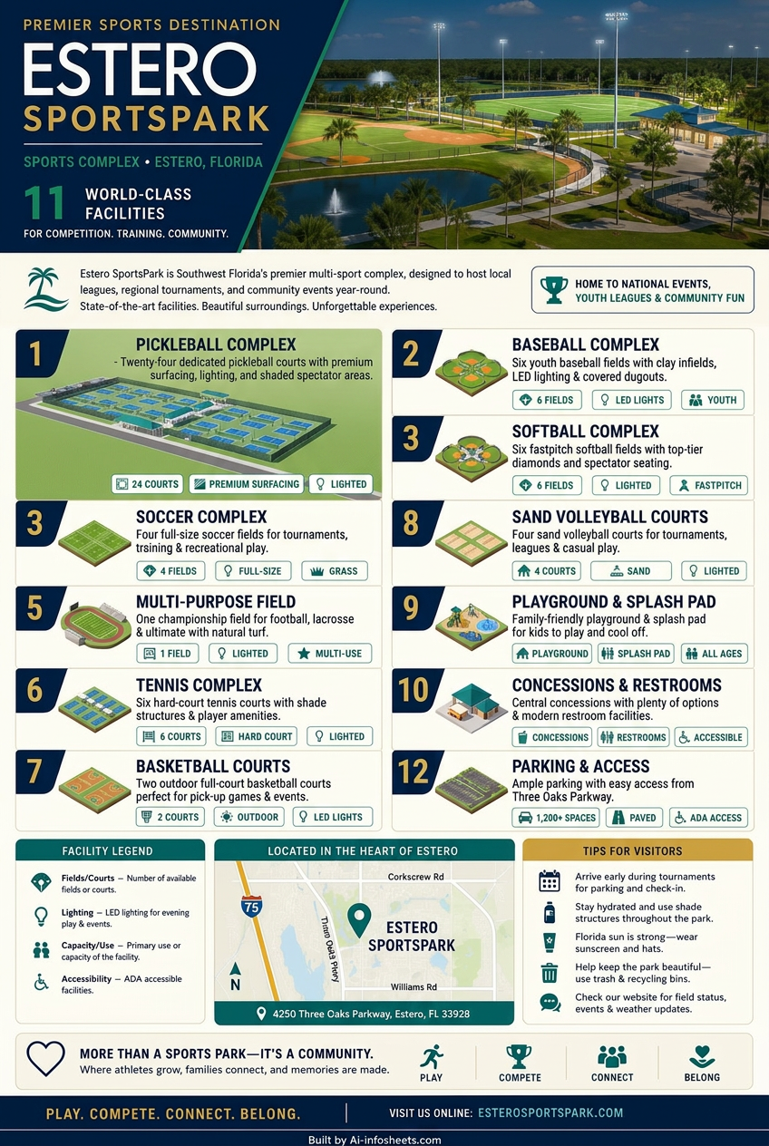An aerial rendering showing the full master plan of Estero Sports Park, featuring sports fields, courts, community buildings, and green spaces.