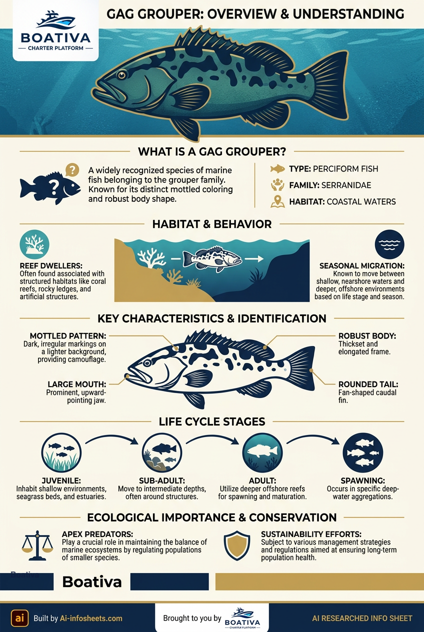 An infographic detailing the Gag Grouper, including its characteristics like mottled pattern and robust body, habitat in coastal waters, and life cycle stages from juvenile to spawning.