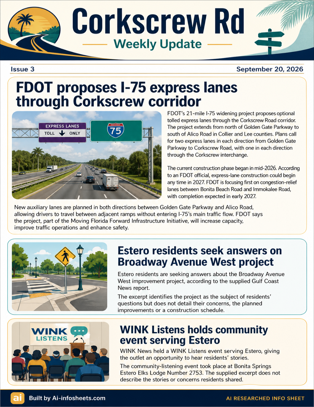 An infographic detailing three key developments affecting the Corkscrew Road corridor: FDOT's proposed I-75 express lanes, Estero residents' questions on the Broadway Avenue West project, and a WINK Listens community event in Estero.