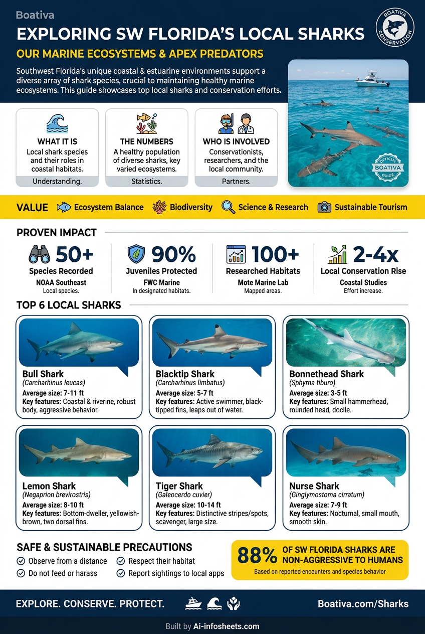 An infographic illustrating the six most common shark species found in Southwest Florida waters, including the bull shark, blacktip shark, hammerhead shark, nurse shark, lemon shark, and tiger shark.