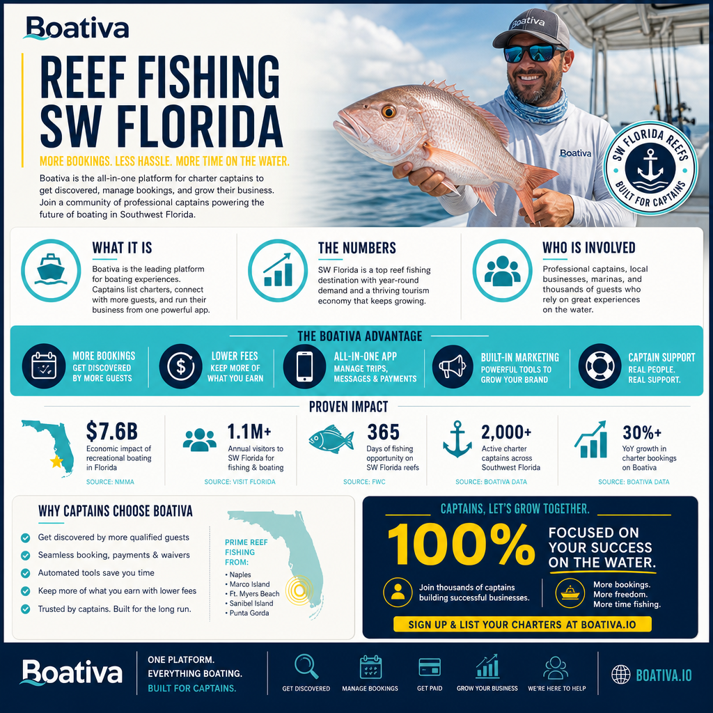 An illustration depicting five popular reef fish species found in Southwest Florida: Goliath Grouper, Red Grouper, Mangrove Snapper, Lane Snapper, and Hogfish.