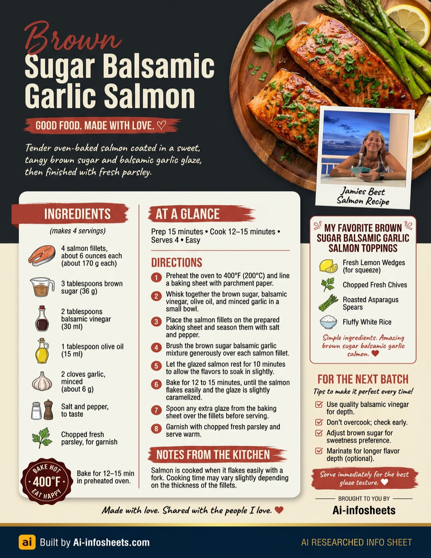 An infographic detailing a recipe for brown sugar balsamic garlic salmon, showing ingredients, step-by-step directions, and serving suggestions, featuring two cooked salmon fillets with asparagus.