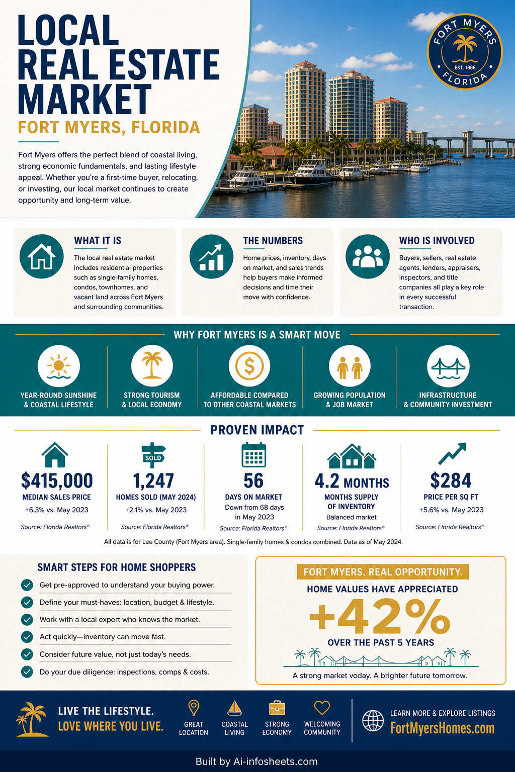A vibrant infograph illustrating key Fort Myers real estate statistics for 2024 including median home price, sales volume, and average days on market.