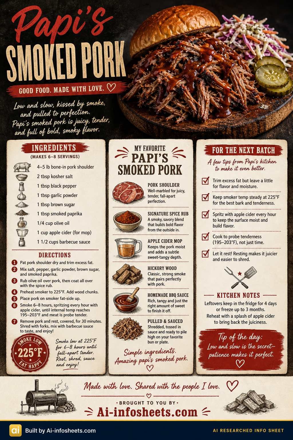 An infographic detailing Papi's Smoked Pork recipe, featuring ingredients, directions, key components, and tips for perfect pulled pork.