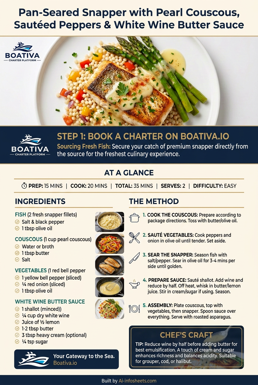 A perfectly plated dish of golden-brown pan-seared snapper fillet, nestled beside a colorful pearl couscous medley with sautéed bell peppers, all glistening with a creamy white wine butter sauce and garnished with fresh herbs.