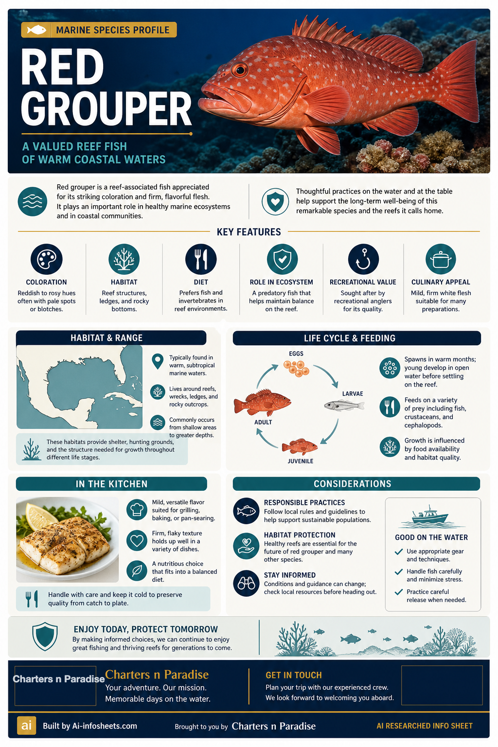 An infographic detailing the Red Grouper species, including its appearance, habitat, diet, life cycle, culinary appeal, and conservation considerations.