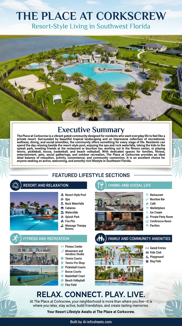 Aerial view of The Place at Corkscrew community, showcasing the expansive resort-style pool, clubhouse, lake, and various recreational amenities amidst lush tropical landscaping.