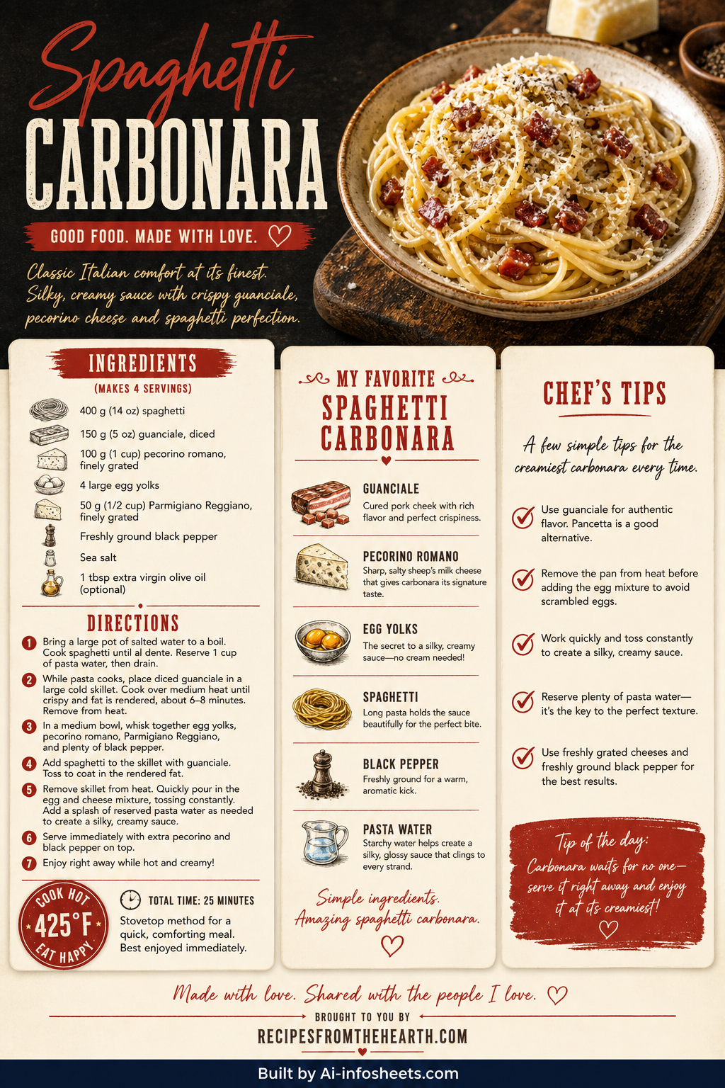 A plate of perfectly cooked Spaghetti Carbonara with guanciale, pecorino romano, black pepper, and a creamy egg sauce.