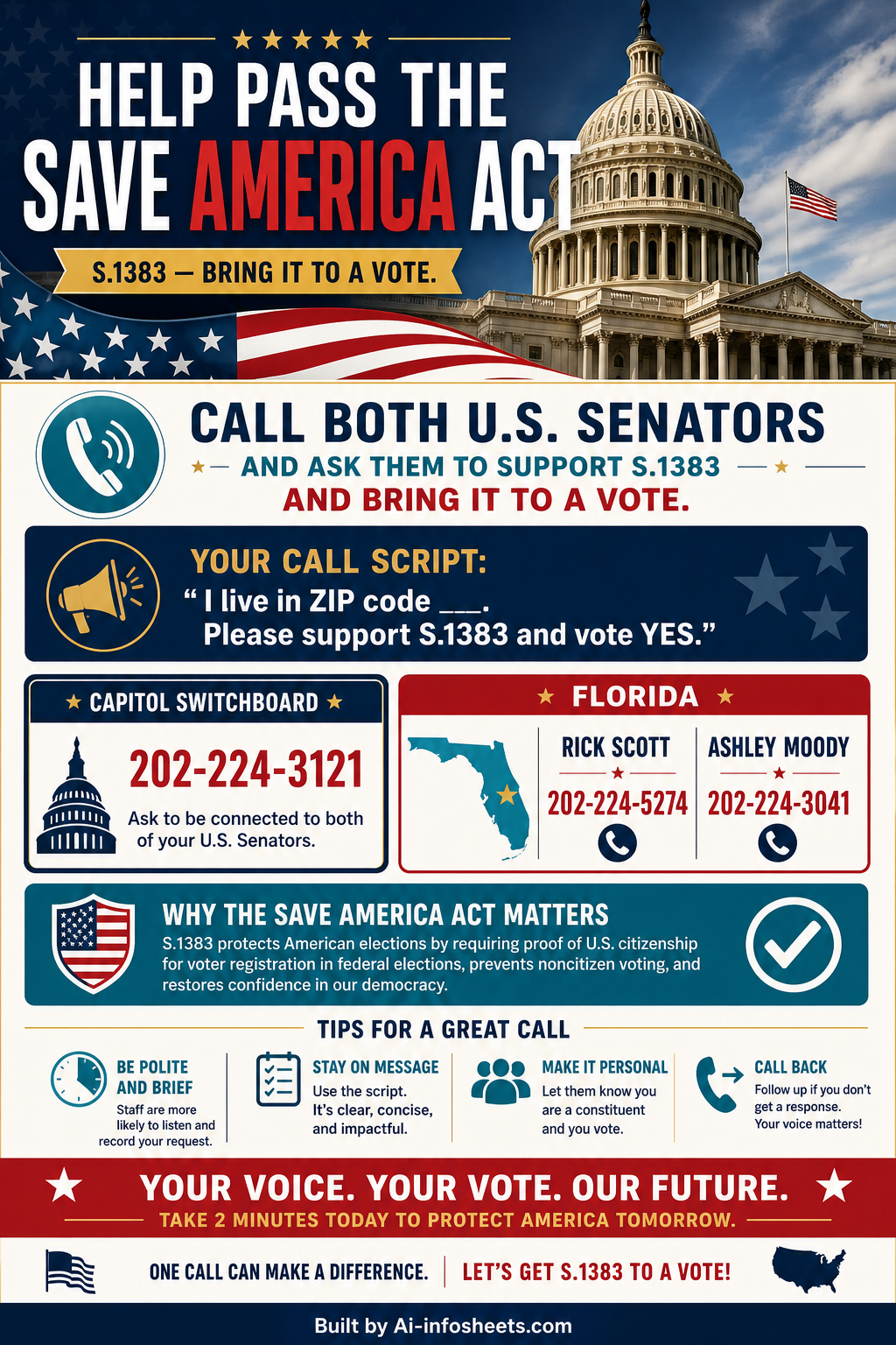 A patriotic infographic featuring the U.S. Capitol building, American flag colors, and prominent phone numbers for contacting U.S. Senators regarding the SAVE America Act (S.1383).