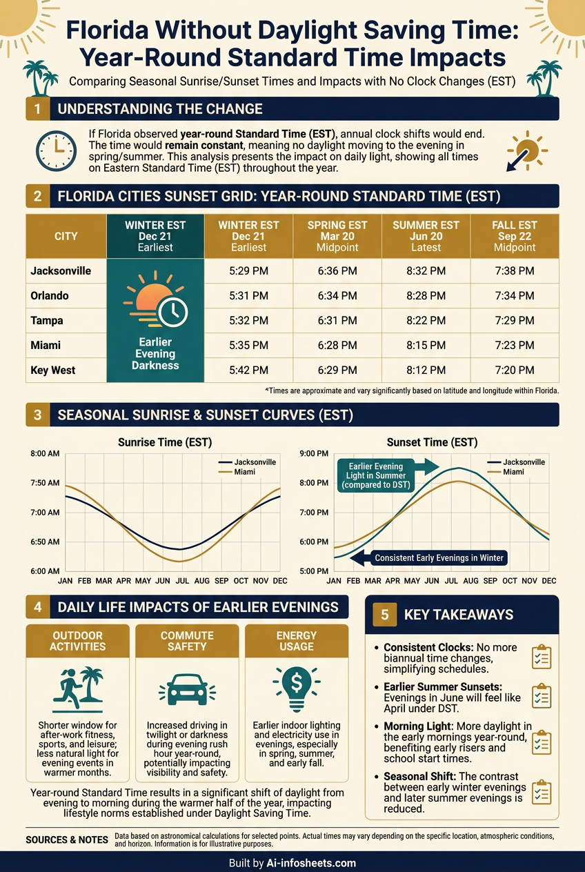 An infographic illustrating the shift in sunset times across seasons with and without Daylight Saving Time adjustments.