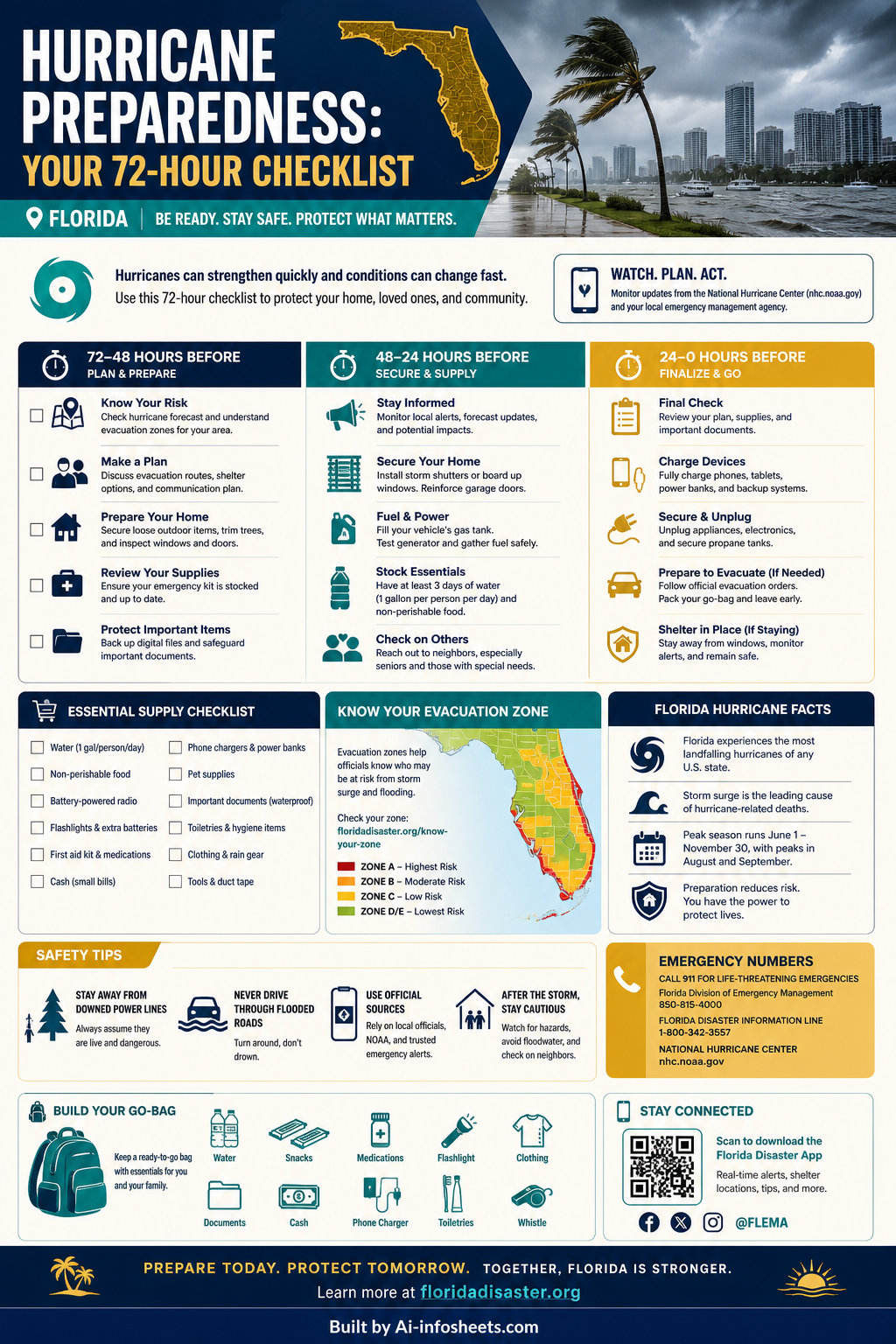 An infographic showing a 72-hour hurricane preparedness checklist for Florida residents, featuring supplies like water, non-perishable food, and a first-aid kit.