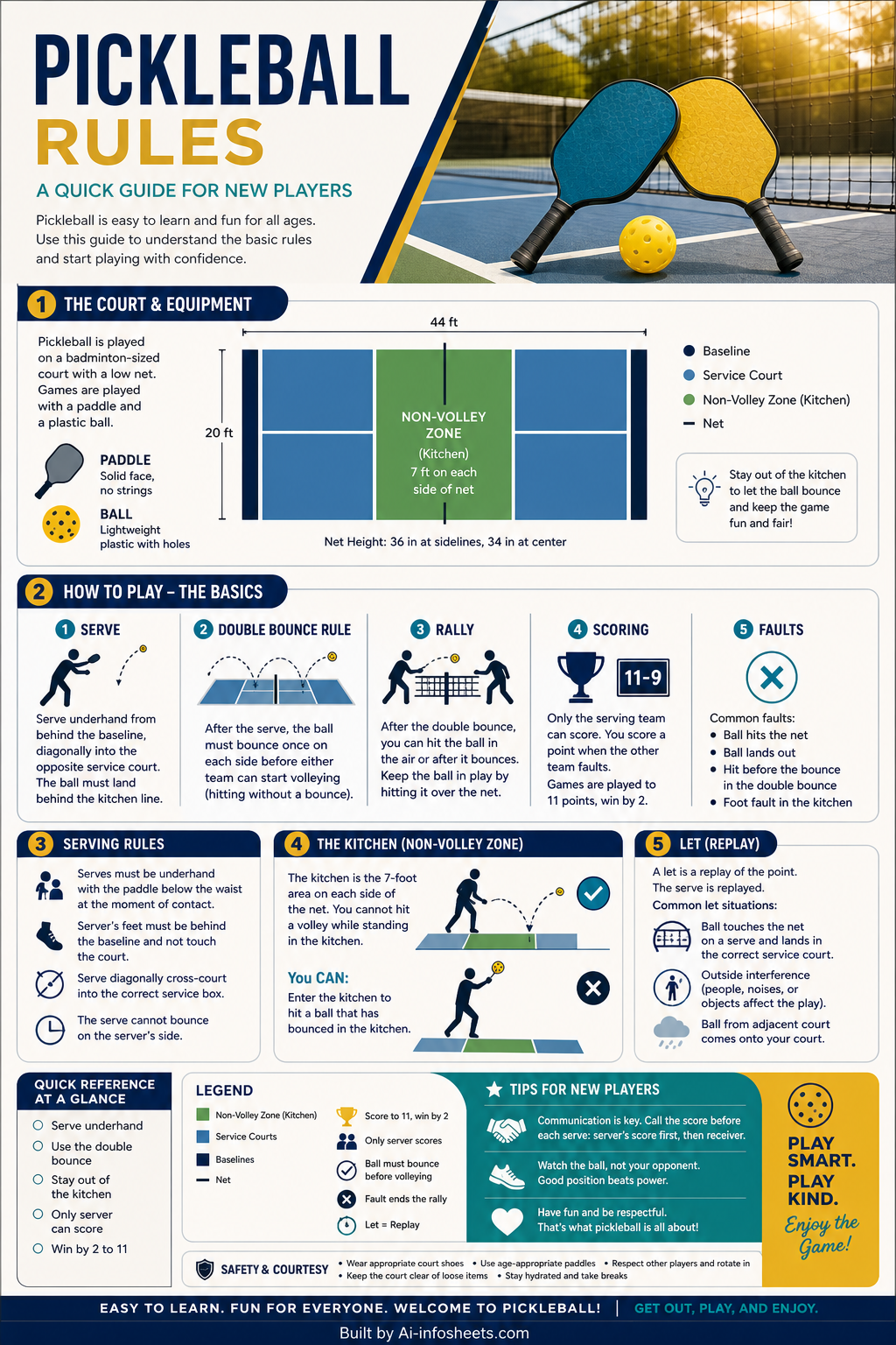 An infographic illustrating pickleball court dimensions and zones, with key rules like serving, scoring, and the No-Volley Zone clearly marked for new players.