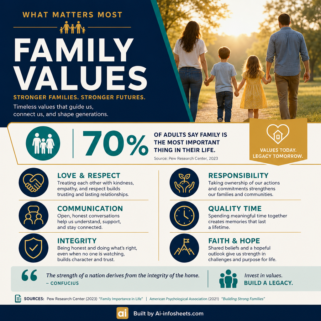 An infographic detailing the six core family values: respect, responsibility, compassion, honesty, communication, and resilience, presented with illustrative icons.