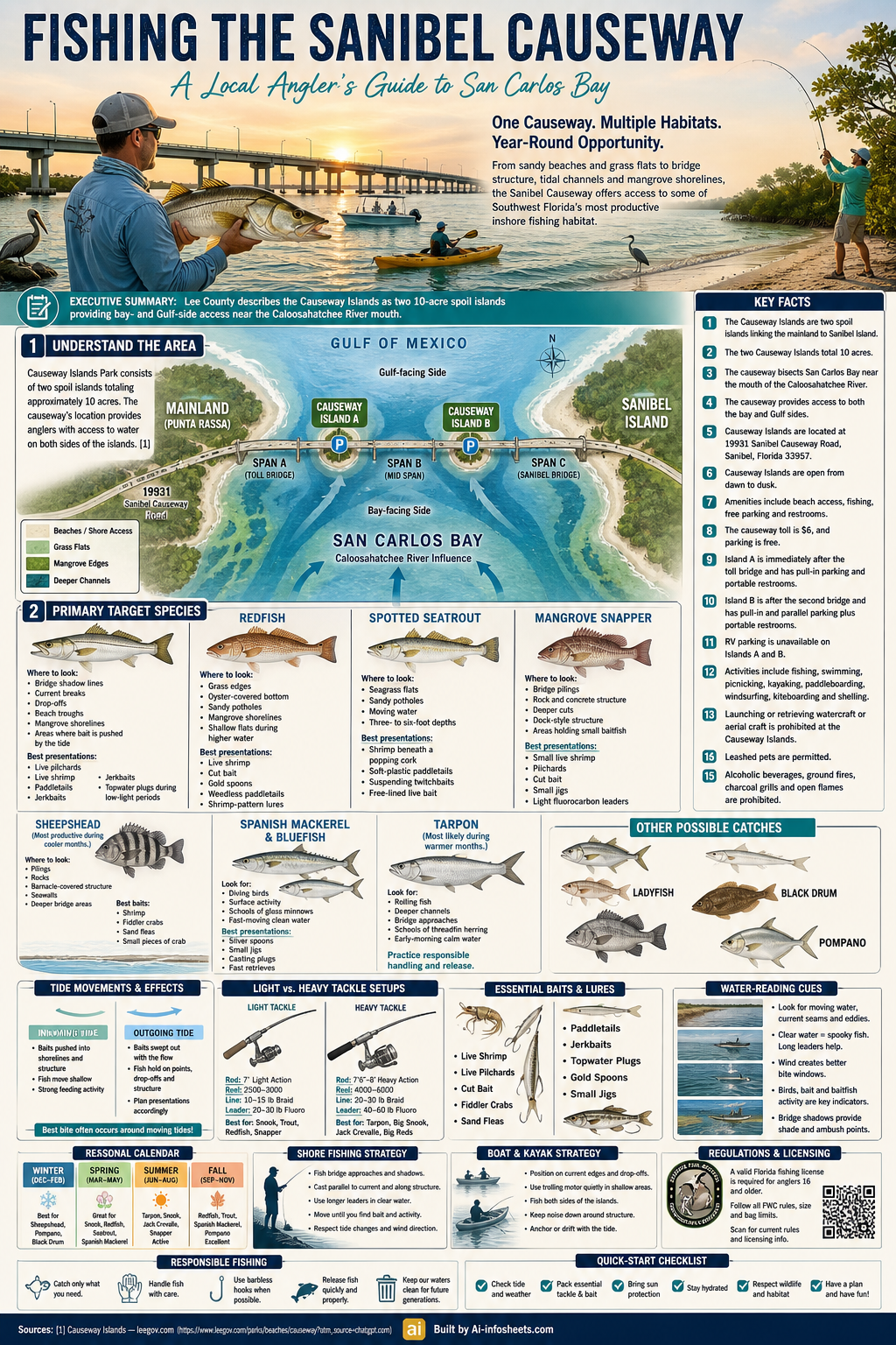 An angler fishing at sunrise beside the Sanibel Causeway, with snook or redfish as featured catch, mangroves, grass flats, boats, and native wildlife. The image highlights 7 primary target species for fishing.