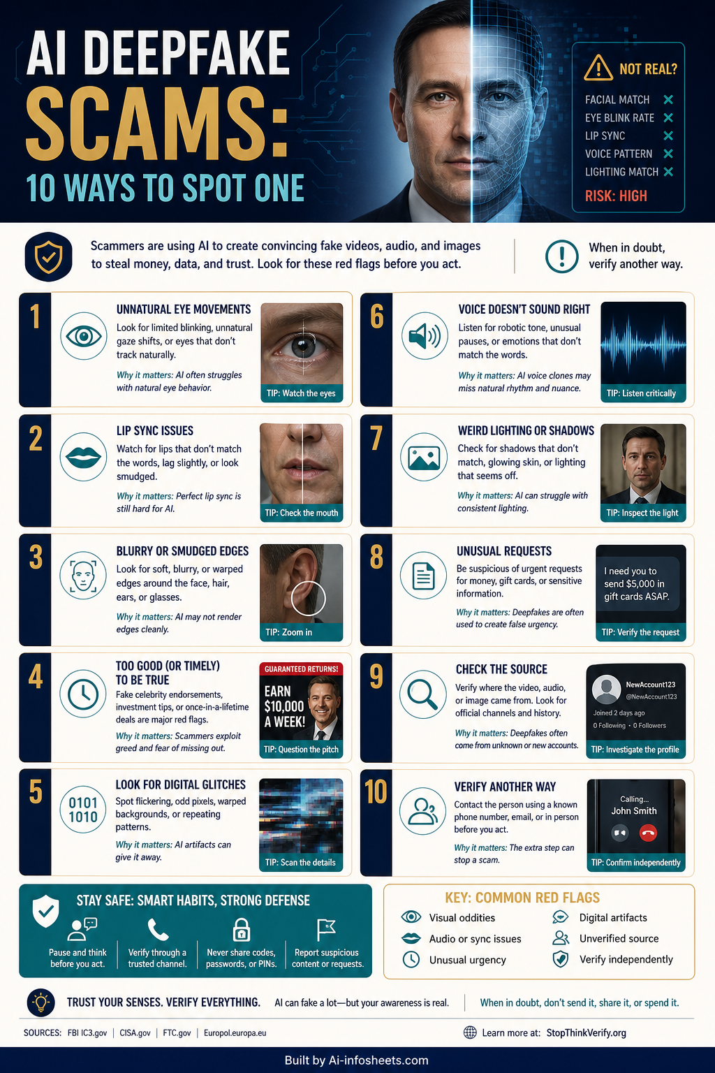 An infographic illustrating 10 distinct red flags for identifying AI deepfake scams, featuring distorted audio waveforms, unnatural facial expressions, and inconsistent lighting.