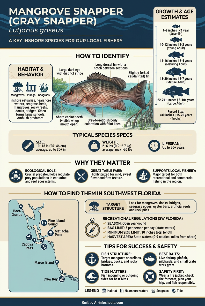 A detailed illustration of a mangrove snapper with distinct features and coloration against a mangrove root background.